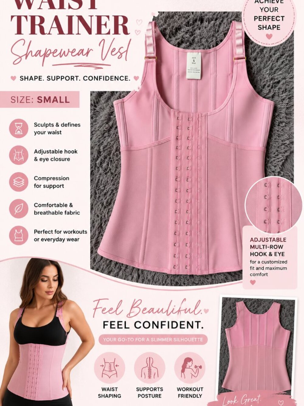 Women's Pink Waist Trainer Vest Size Small | Compression Shapewear | Tummy Contr